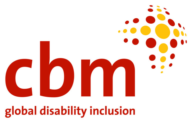 Logo of CBM. Red text reads ‘CBM together we can do more’. A yellow cross formed of dots curves away on the rights side, with red dots emphasizing the cross shape.